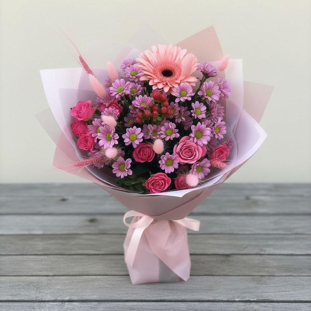 Букет цветов из: Розы, Герберы и Хризантемы в Шульгино