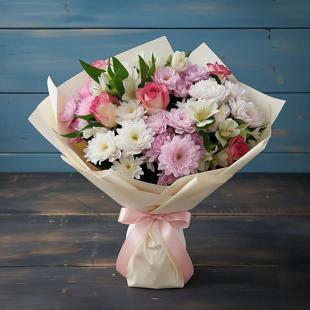 Букет цветов из: Хризантемы, Альстромерии и Розы в Шульгино